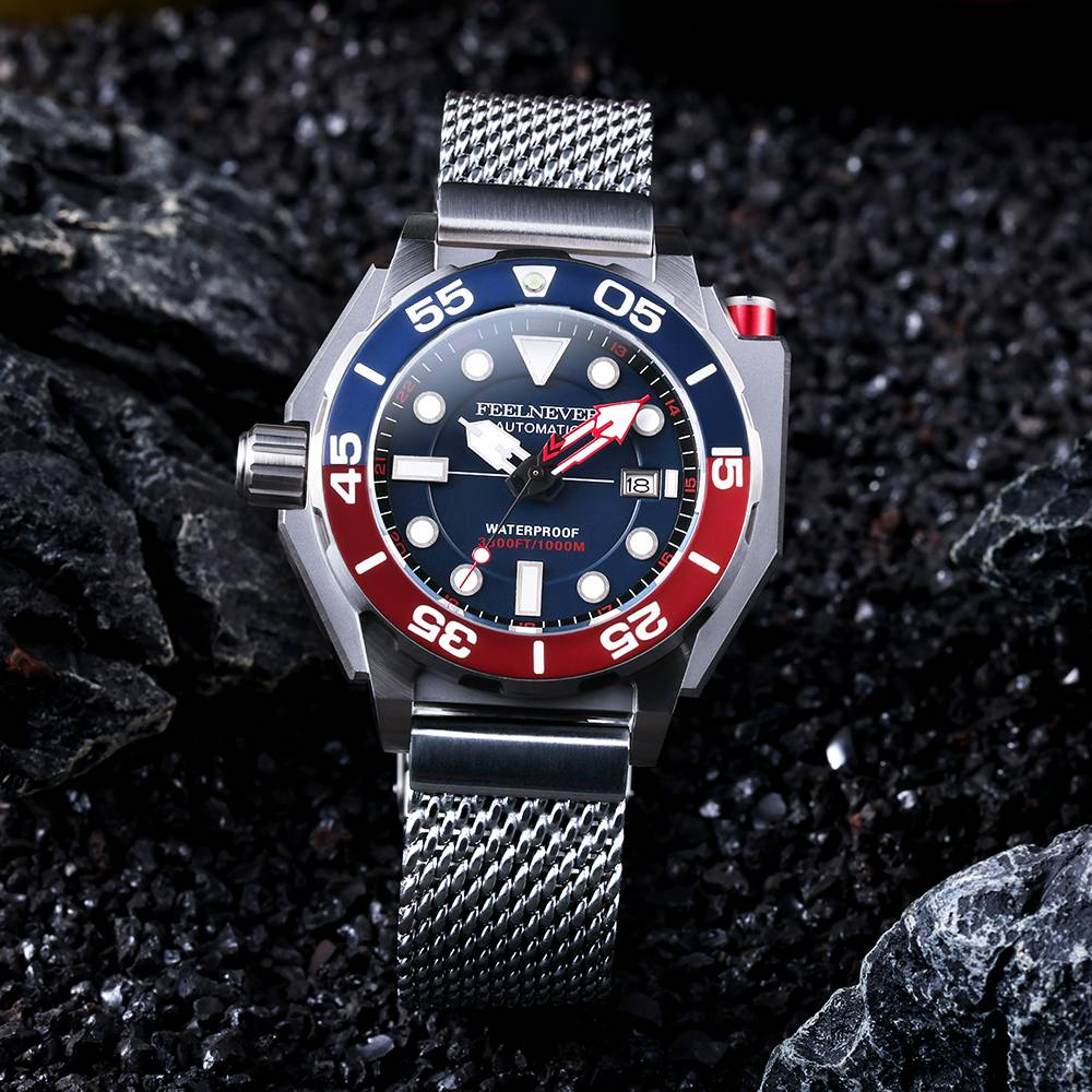 Watch with a red and blue bezel on a dark textured background