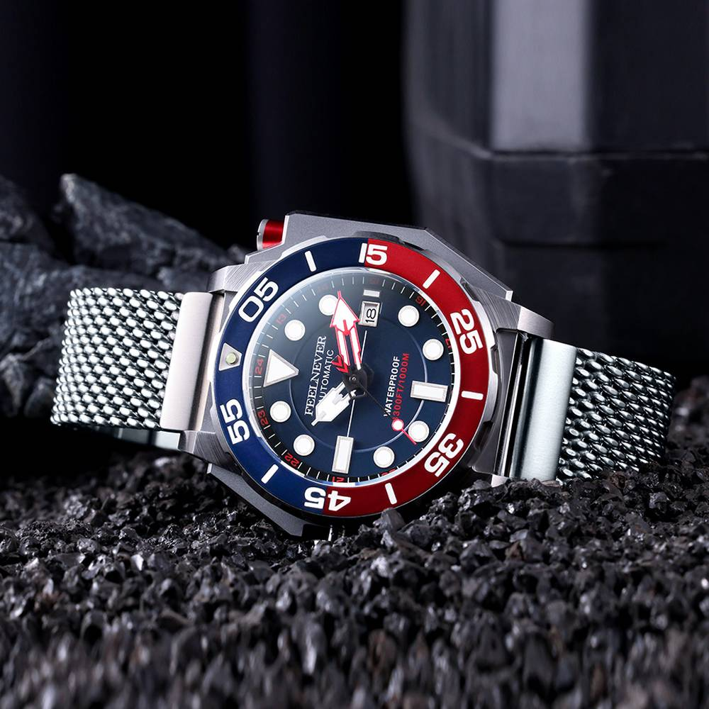 Wristwatch with a blue and red face on a dark textured surface