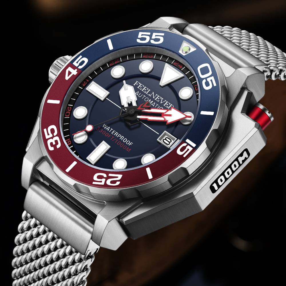 Watch with a blue and red face and silver mesh band on a dark background