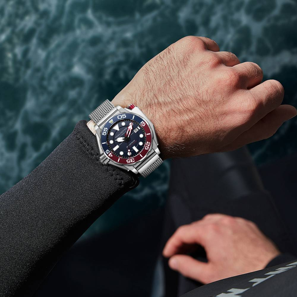 Close-up of a wrist wearing a watch with a dark background
