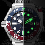 Two watches side by side with different color schemes and designs.