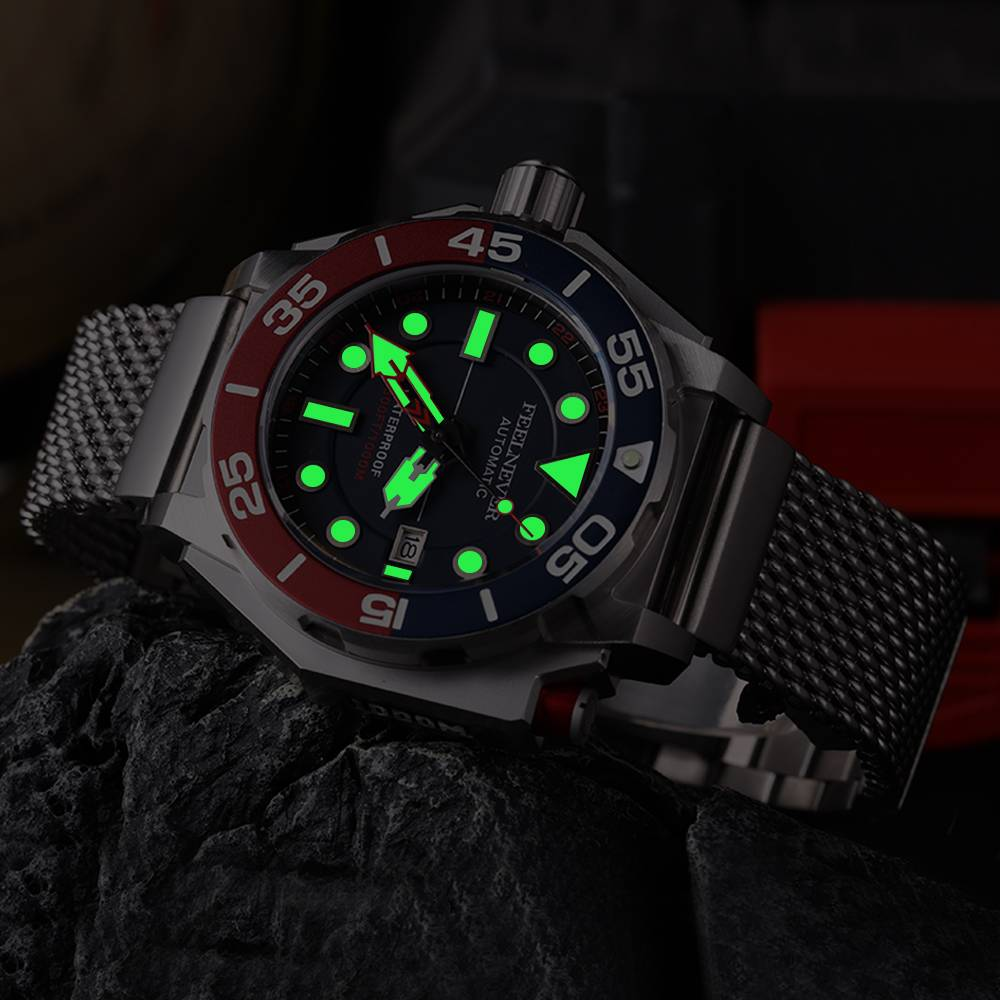 Wristwatch with a dark face and metallic band on a dark background