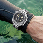 Wrist shot: AbyssForce 500M meca-quartz dive chronograph on wrist showing 48mm presence
