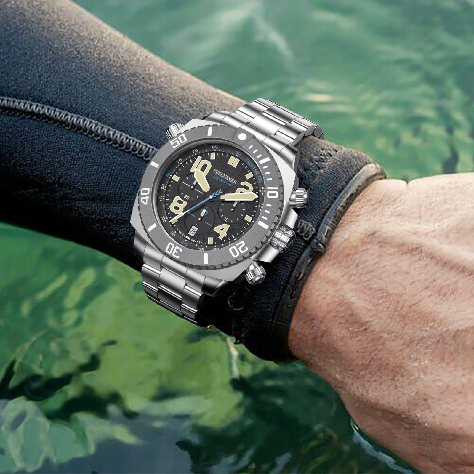Wrist shot: AbyssForce 500M meca-quartz dive chronograph on wrist showing 48mm presence