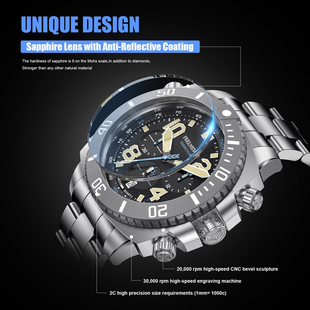 Front view: AbyssForce 500M meca-quartz dive chronograph front view with three sub-dials 