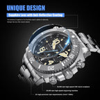 Front view: AbyssForce 500M meca-quartz dive chronograph front view with three sub-dials 