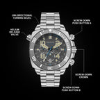 Dial close-up: AbyssForce dial detail showing meca-quartz text, tachymeter scale, and chronograph sub-dials 